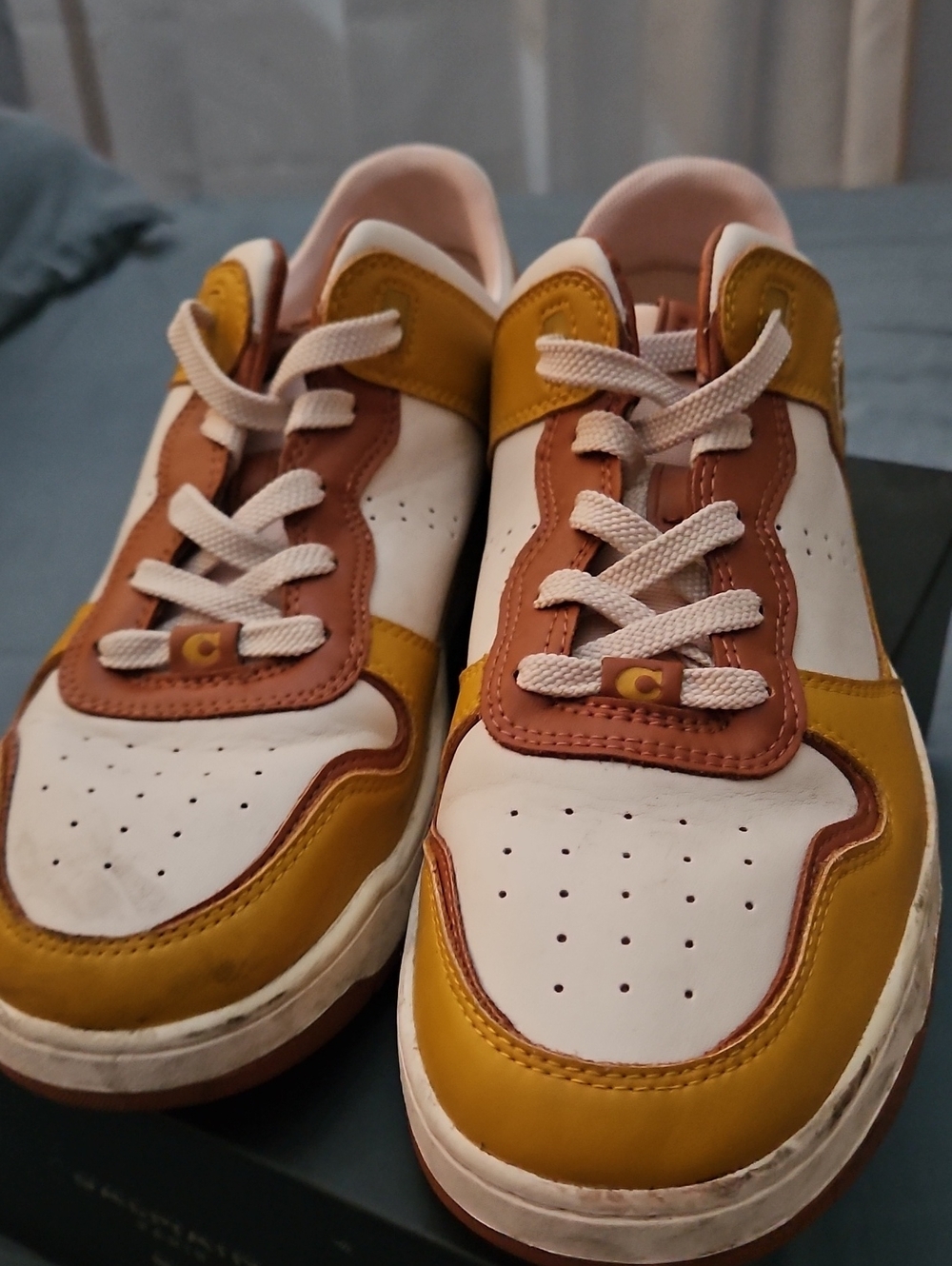 Men's COACH Lace-Up Sneakers in White, Mustard & Tan
